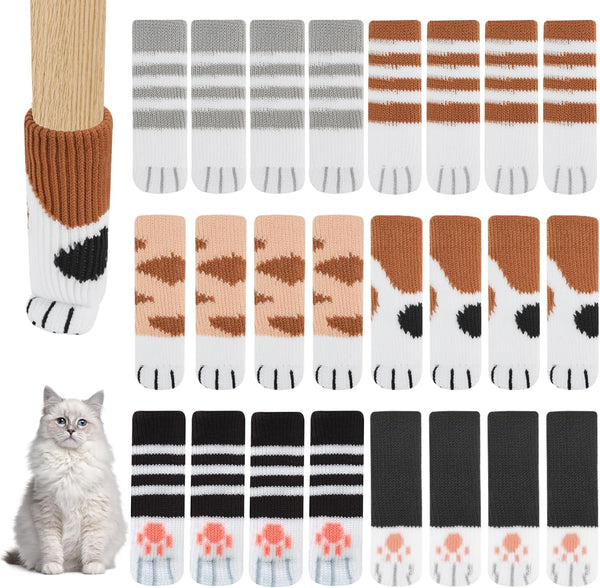 FHUIEWRY 24 Pcs Chair Leg Floor Protectors,Cute Cat Paw Chair Leg Socks Non-Slip