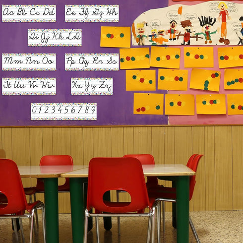 Set of 9 Confetti Cursive Writing Bulletin Board, Colorful Cursive Alphabet Wall Strip for Classroom Teaching