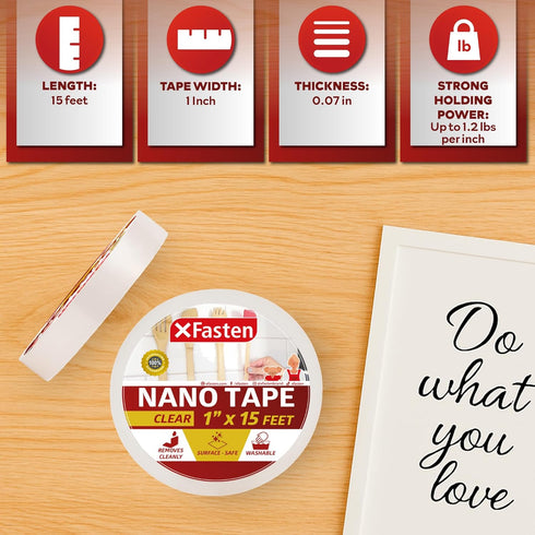 XFasten Reusable Double-Sided Nano Tape, 1-Inch x 15 Feet Traceless Transparent Gel Grip Tape for Bathroom, Kitchen