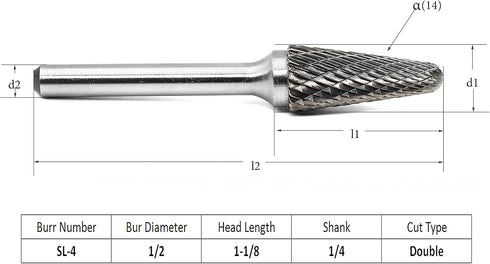 SL-4 Tungsten Carbide Burr - Cylinder Shape Double Cut Rotary Burrs File (1/2 Inch, Cutter Length: 1-1/8 Inch)