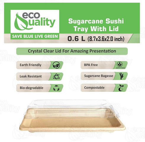 (100) EcoQuality Small Compostable Sushi Trays with Lids - Natural Sugarcane Bagasse Take Out Sushi Container