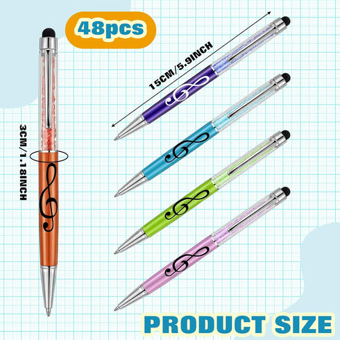 Resholder 48 0.5 mm Pcs Music Note Ballpoint Pens with Touchscreen Stylus Black Crystal Pens Twist Retractable Music