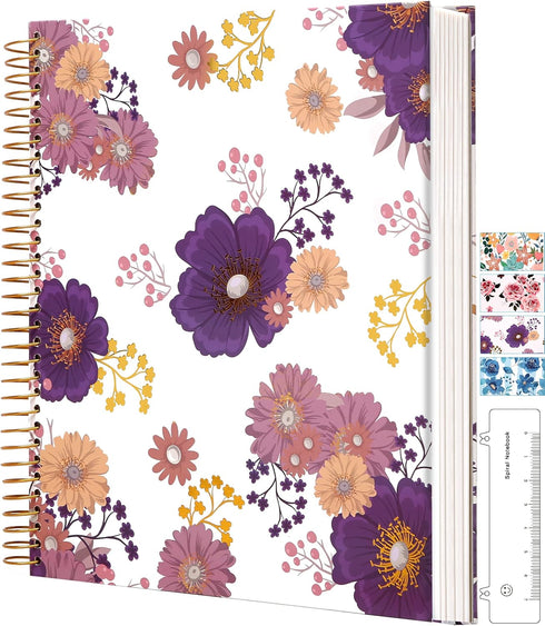 CAGIE Floral Spiral Notebook, 8.5 x 11, 200 Pages, Large Hardcover with Pockets for Women and Girls Note Taking, Purple