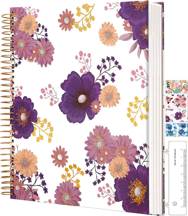 CAGIE Floral Spiral Notebook, 8.5 x 11, 200 Pages, Large Hardcover with Pockets for Women and Girls Note Taking, Purple