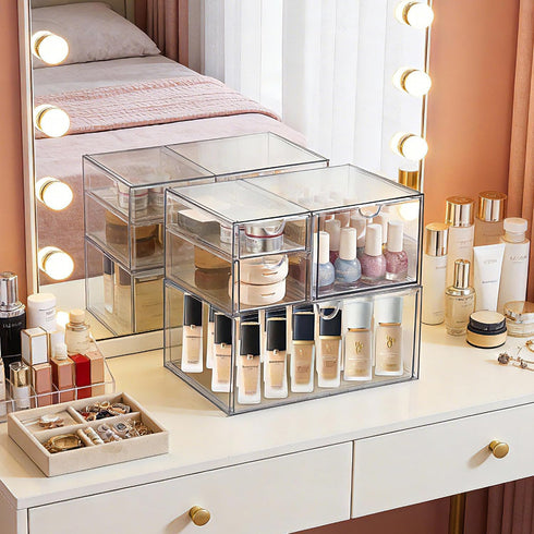 4 Set 2 Countertop, Prsildan Acrylic Drawer Makeup Organizer with Drawers, of Office Desk Organizers Accessories, Clear