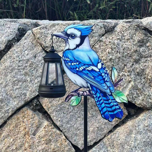 2 Pack Solar Lanterns Outdoor Decor Solar Bule Jay Lanterns Solar Cardinal Redbird Lights Metal Stake Yard Garden Decor
