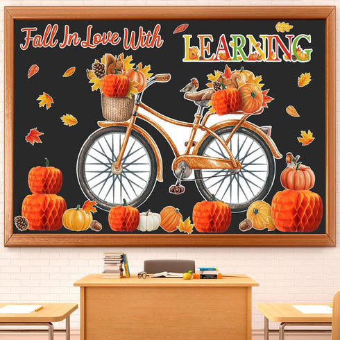 Blosssound Fall Bulletin Board Decorations Set, Autumn Cutouts, 3D Honeycomb Paper Pumpkin Maple Leaf for Thanksgiving