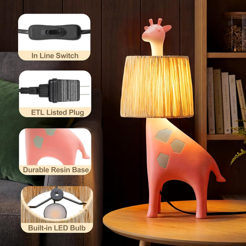 13.7 Inch LED Giraffe Table Lamp, Resin Animal Desk Lamp with Handcrafted Raffia Shade, Unique Decorative Light, Cute