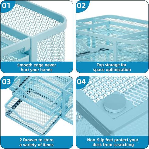 Marbrasse Mesh Desk Organizer with 2 Drawer, Multi-Functional Pen Holder for Office Art Supplies (Blue)