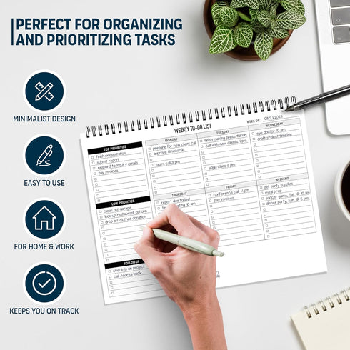 Weekly Planner To Do List Pad - 8.5x11" 52 Sheets Spiral - Desk Notepad with Multiple Sections - Undated Planning Notebook Checklist, Todo Agenda Plan by Of a Happy Kind
