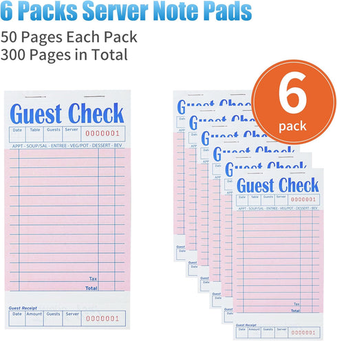 6 Pack 50 Sheets/Pack, 300 ZPARIK Pink Guest Checks Books for Servers Server Note Pads, Waiter Checkbook, Waitress