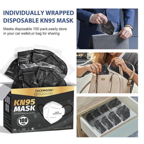 KN95 100 Pack 5-Layer 5 Face Masks Black Adults - Disposable Masks Comfortable Safety Face Masks & Adjustable Masks