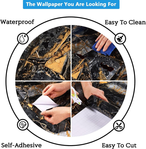 CRE8TIVE Glossy Slate Gold Marble Contact Paper, Peel and Stick Waterproof Vinyl for Kitchen Countertops, 12"x80"