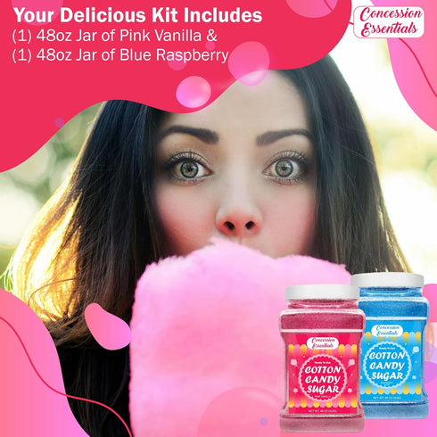 Concession Essentials /3lb -2ct Cotton Candy Floss Sugar -Pink Vanilla and Blue Raspberry Jars Each Flavor