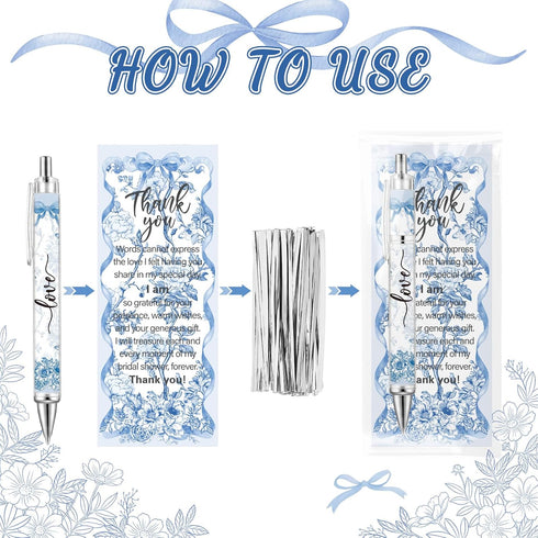 Sayglossy 50 Sets Blue Bridal Shower Bow Pens Wedding Thank You Gifts for Guests Blue White Floral Ballpoint Pens