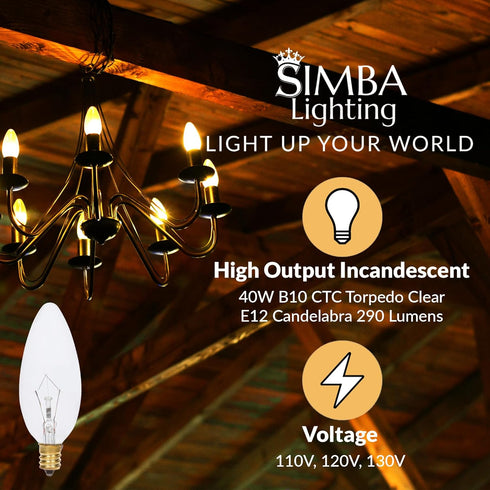 B10 25W E12 (12 Pack) Bulbs 120V Dimmable, 2700K Simba Lighting Candelabra Torpedo Clear CTC Base Decorative