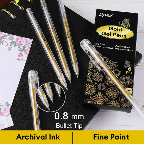 Dyvicl 6 Set Gold Gel Pens, 0.8 mm Fine Metallic Gold Pens for Black Paper Drawing, Sketching, Illustration, Journaling