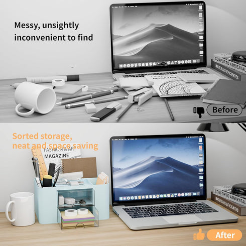 Desk Organizer with 2 Drawer, Multi-Functional Pencil Pen Holder for Desk, Plastic Organizers with 5 Compartments