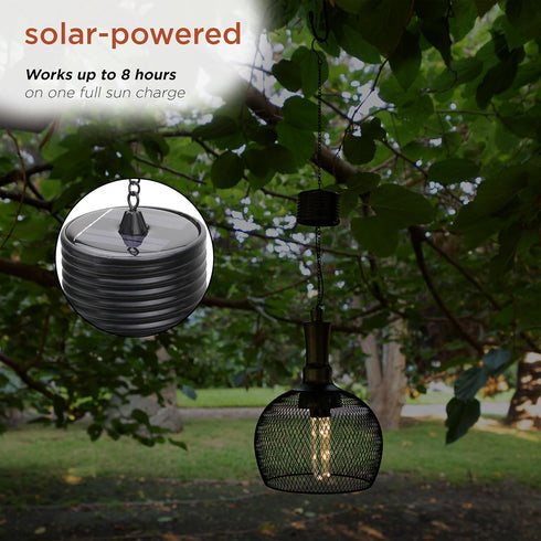 Alpine Corporation 10" Tall Hanging Solar Powered Outdoor Mesh Lantern with LED Lights, Black