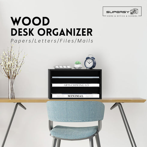 SUPEASY Wood Desk Organizer, 3 Tier Paper File Organizer, Wooden Desktop Mail Sorter for Office, School, Home