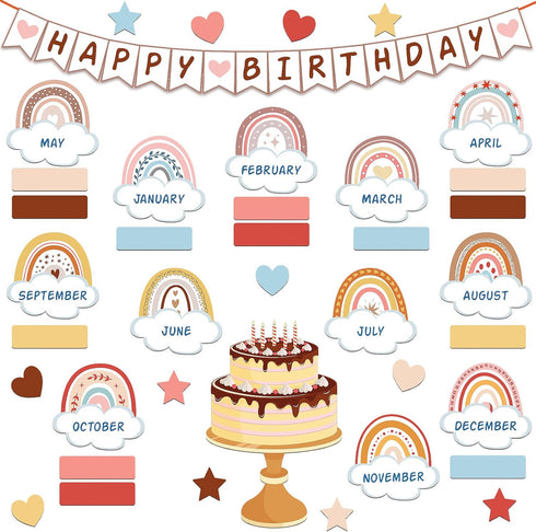 Marspark 65 Pieces Rainbow Birthday Bulletin Board Set for Classroom Decor, Birthday Chart Cutouts Decoration