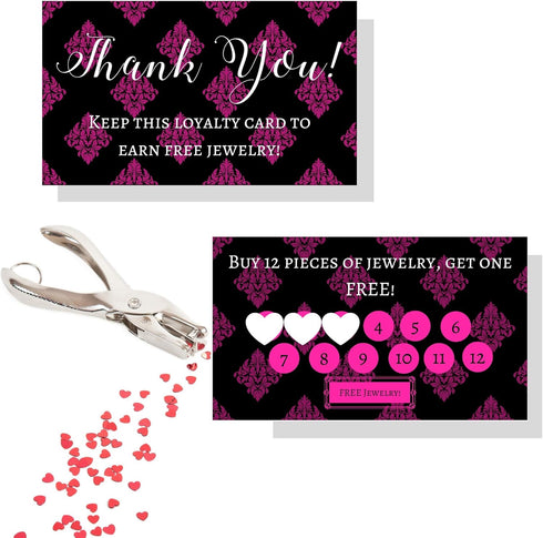 Jewelry Loyalty Cards | 50 Pack Thank You Notes Black Pink Fleur | 5 Bling Buy 12 Get One Free