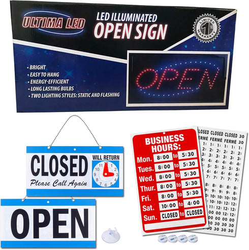 Neon Open Sign for Business, Horizontal LED Sign with Flashing Mode, Includes Business Hours