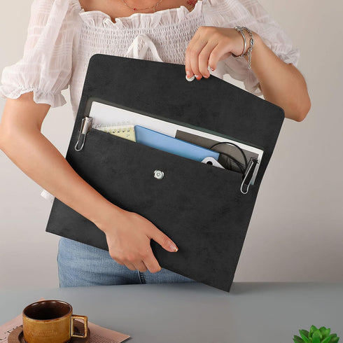 Enyuwlcm PU Leather A4 File Folder Document Holder, Stylish Portfolio Envelope Case with Snap Closure, Black