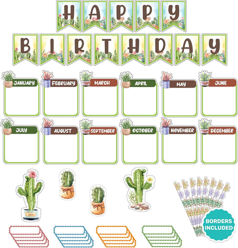 Decorably 77 Pcs Cactus Classroom Decor - Birthday Board Set for Classroom, Cactus Themed Decorations
