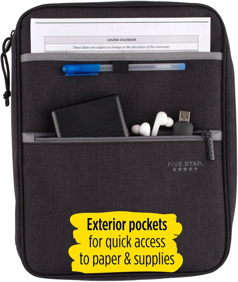 Five Star Zipper Binder, 1 Inch 3-Ring Carry-All with Internal Pockets, 375 Total Sheet Capacity, Heathered Black/Gray