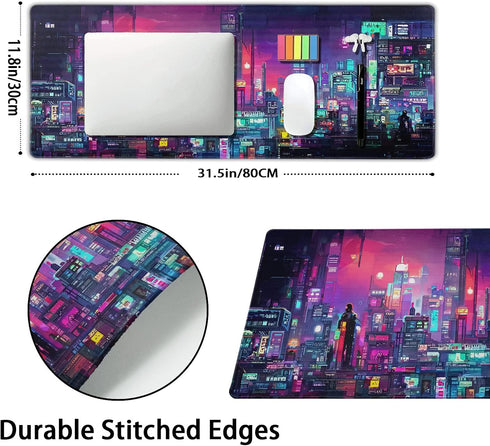 Retro Japanese Anime Gaming Mouse Pad XL Cool Dark Purple Red Vaporwave City Extended Large Desk Mat Big Mousepad Non-Slip Rubber Base Stitched Edge Long Desk Pad for Desktop Computer,31.5×11.8 in by aportt