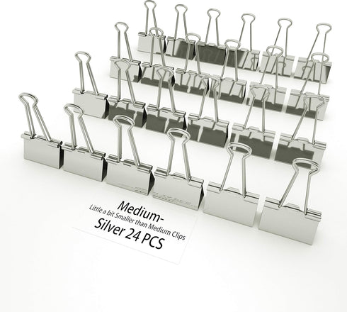 Nctinystore 24-Count Binder Clips, Metal Clamp 1-in / 25-mm, Little Smaller Than Medium Clips (Silver)