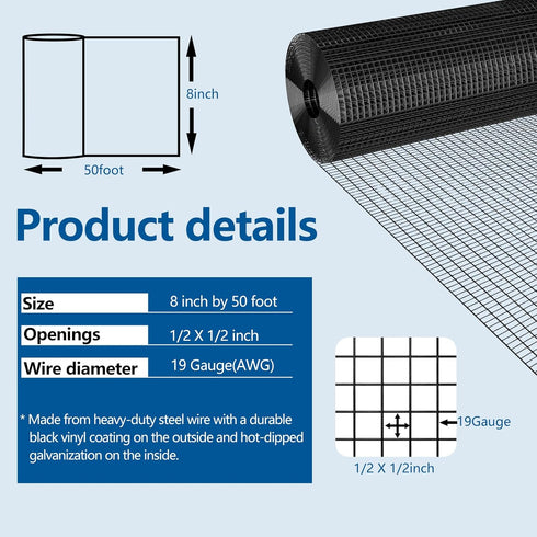 1/2 inch 19Ga (1/2 inch 8in 50ft) Black Hardware Cloth PVC Coated Wire Mesh Vinyl Coated Fence Welded Metal Chicken