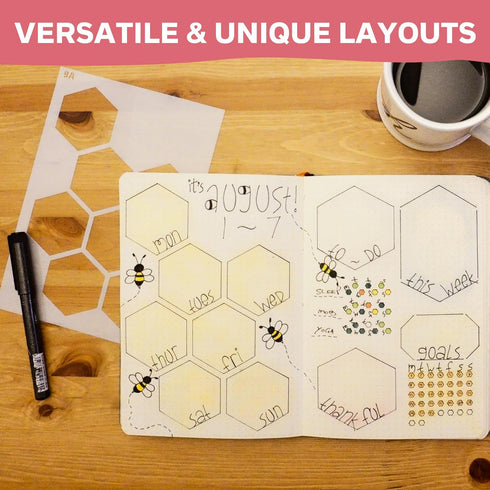 Speedy Spreads Journal Stencils x6 (Weekly Layouts #3) for A5 Bullet Dot Grid Journal Notebook by Sunny Streak.