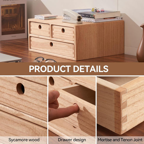 Kirigen Natural Wooden Desktop Organizer - Office Supplies Filing Tidy Storage Shelf with 3 Drawers (NA, 2-Layer & 3