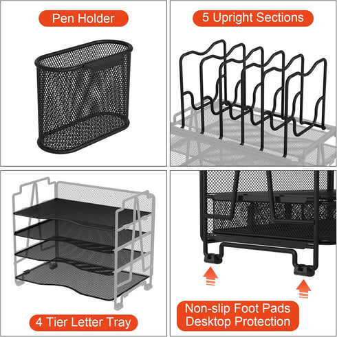 Mesh Desk Organizer - 3-IN-1 Desktop Organizer with 4 Tier Tray and 5 Upright Sections, Black File Organizer with Drawer