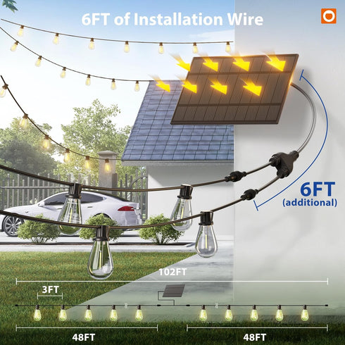 102FT(96FT+6) 34 Dimmable Bulbs addlon Solar String Lights Outdoor Waterproof with USB Port & Remote Control Solar