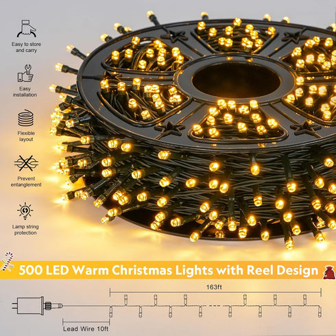 500 173ft 8 JMEXSUSS LED Christmas Lights Outdoor, Warm White Christmas Tree Lights, Modes Plug in Twinkle String Light