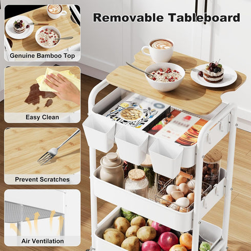 Rcemlip 3 Tier Rolling Cart with Wood Table Top, White Bedside Cart on Lockable Wheels, Metal Utility Storage Organizer