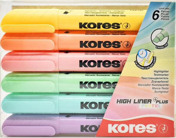 Kores High Liner Plus Pastel Highlighter Pens, Chisel Tip, Water-Based Ink, Set of 6 Assorted Colors