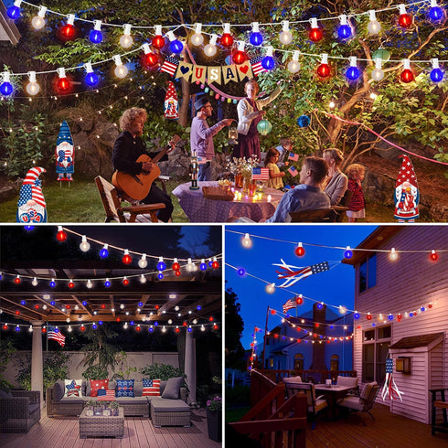 27.8Ft G40 28 Bulbs, 4th 0.6W Red White and Blue Lights String with Shatterproof LED Globe for Memorial Day of July
