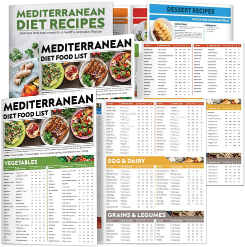Catyan 3 Count Mediterranean Diet Food List, Double-sided Lamination Mediterranean Food Chart Poster,