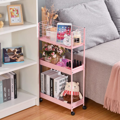 KINGRACK 3-Tier Rolling Utility Cart with Wheels, Metal Slim Storage Organizer for Kitchen, Office, Pink