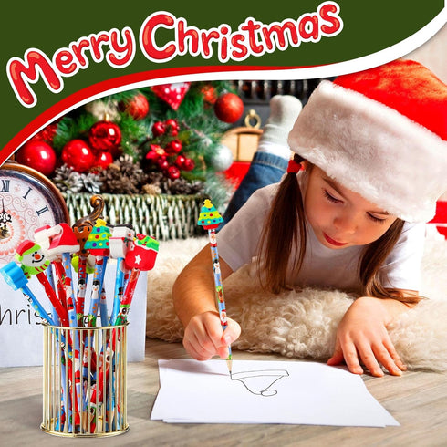 Hicarer Christmas Pencils with Eraser Toppers Wooden Pencil for Kids Students Multicolored Snowman Santa Claus Xmas Pencils for Christmas Party Favor Office School Classroom Supplies (36 Pieces) by Hicarer