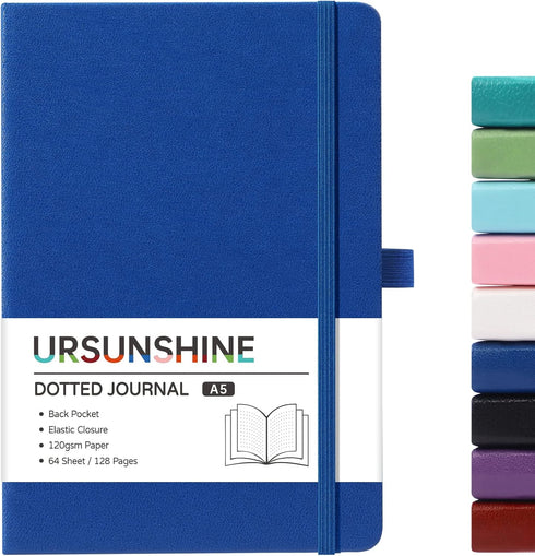 Dotted Journal/Notebook: Dot Grid Hard Cover, Premium Thick Paper, 5.3'' x 8.26'', Black Smooth Faux Leather, Deep Blue
