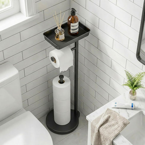 theaoo Toilet Paper Holder Stand with Shelf, Flushable Wipes Dispenser, Free Standing Toilet Tissue Roll Storage Rack