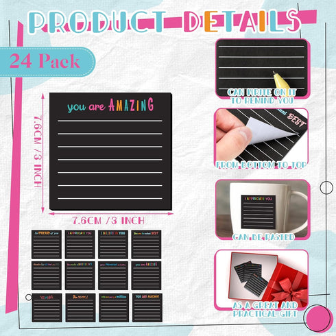 Yinder 24 Pcs Inspirational Sticky Notes | Cute Motivational Pad for Coworkers & Office Supplies | 3 x 3'' (Black)