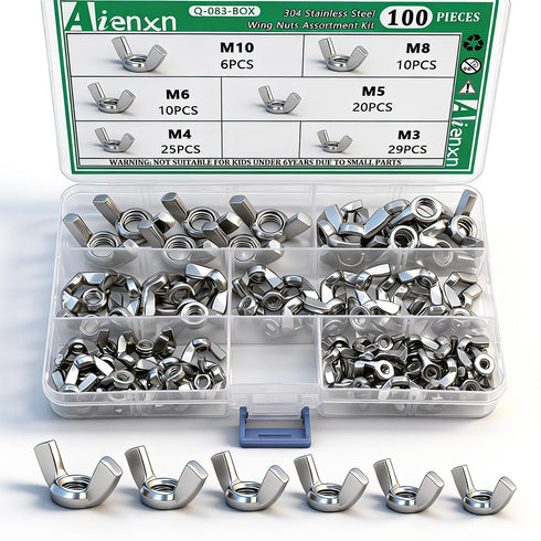 Aienxn 100PCS Metric Sizes Wing Nuts Assortment Kit, 304 Stainless Steel M3, M4,