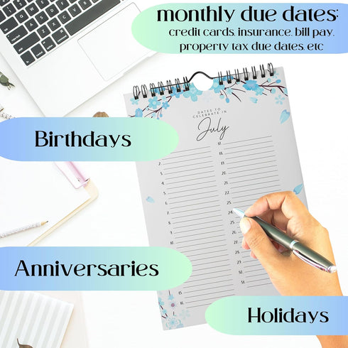 Perpetual Floral Wall Calendar for Birthdays and Anniversaries, 12 Months, Journal for Important Days, 6 x 9 inches