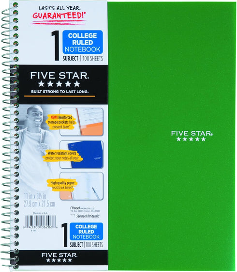 Five Star Spiral Notebook, 1 Subject, College Ruled, 11" x 8-1/2", Assorted Designs, 6 Pack